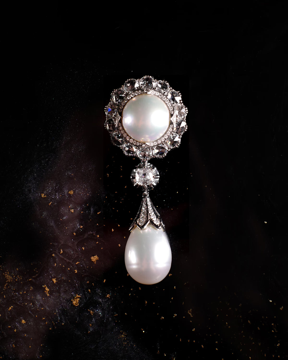 OLD MINE CUT DIAMOND PEARL BROOCH