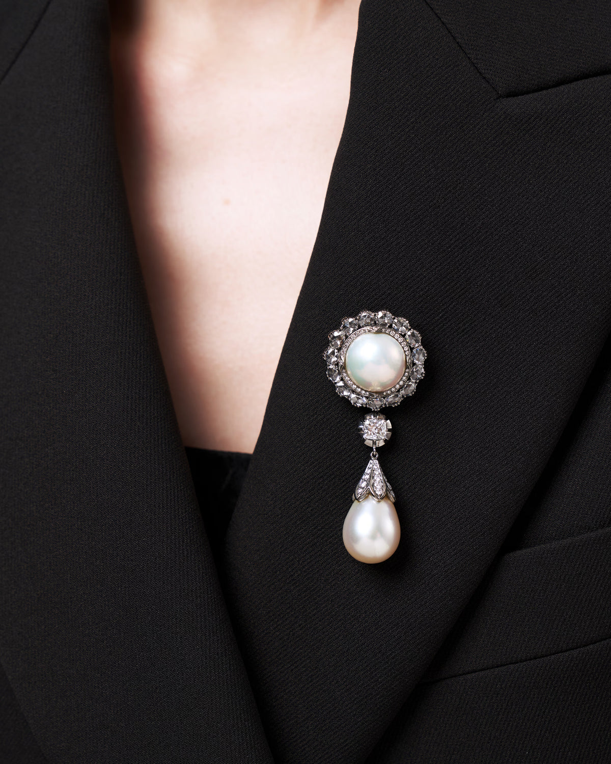 OLD MINE CUT DIAMOND PEARL BROOCH