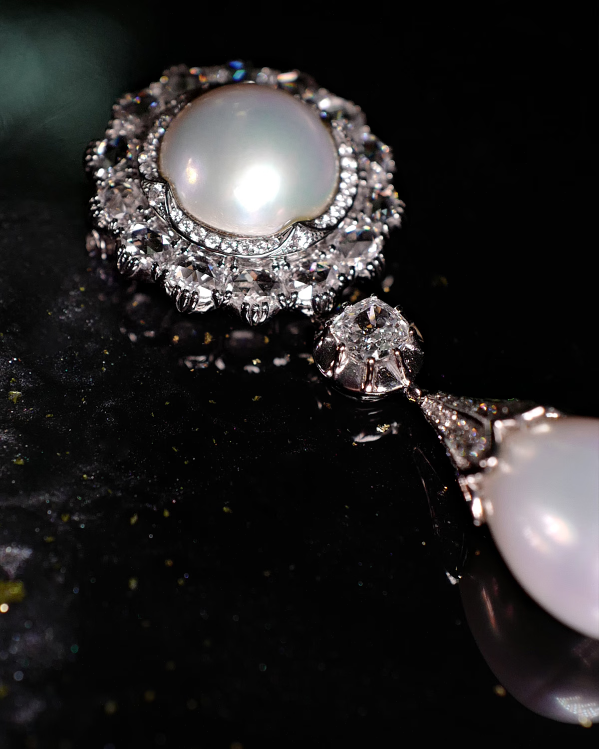 OLD MINE CUT DIAMOND PEARL BROOCH