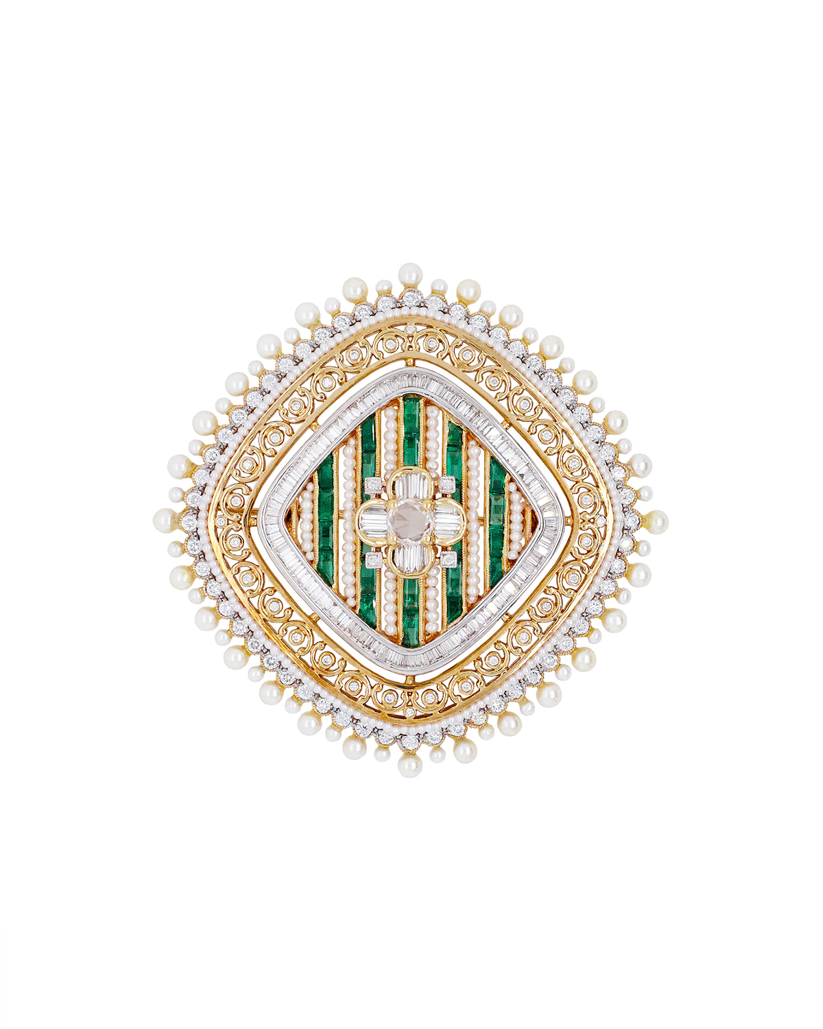 EMERALD DIAMOND PEARL BROOCH